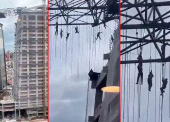 İnşaat iskelesi çöktü işçiler metrelerce yüksekte asılı kaldı: Korku ve panik dolu anlar saniye saniye böyle kaydedildi