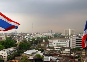 Bangkok skyline with Thai flags, where G20 finance ministers met