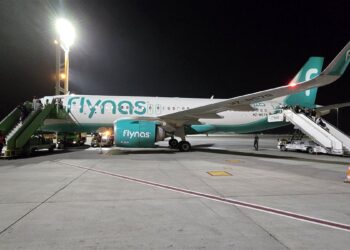 A Flynas plane at King Fahd International Airport in Dammam, one of the Saudi airports targeted in Houthi attacks