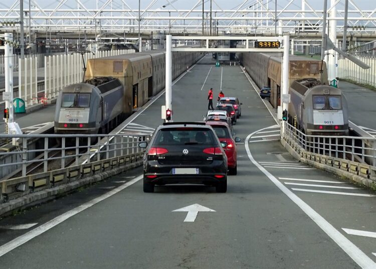 Le Shuttle trains at the loading platforms of the Channel Tunnel terminal in Coquelles, France
