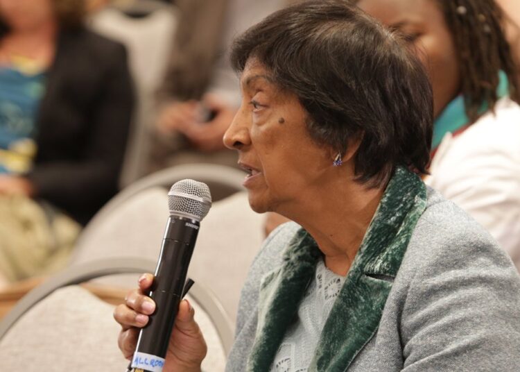 Navi Pillay, winner of the 2026 Nobel Peace Prize, speaking into a microphone
