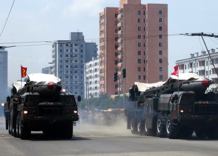 North Korean ballistic missiles on mobile launchers at a military parade in Pyongyang