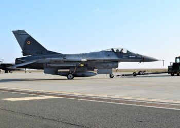 Armed Romanian Air Force jet at Borcea air base, home of the Romanian F-16s that shot down Geran drones