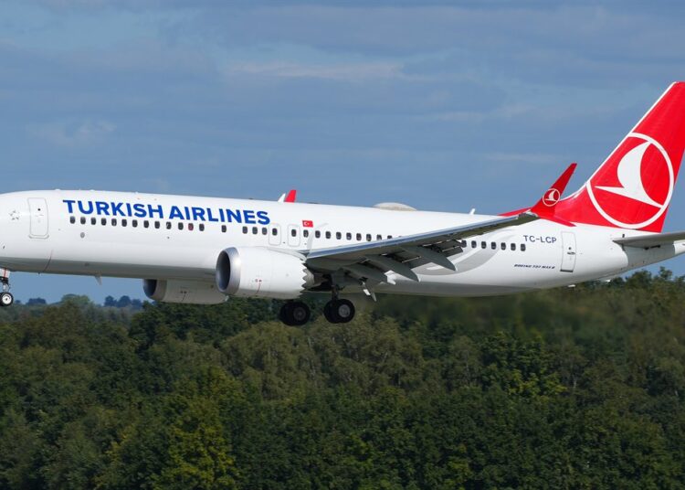 Turkish Airlines Boeing 737 MAX 8 with LEAP-1B engines landing at Hannover Airport