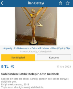 Mabel Matiz, Altın Kelebek ödülünü 5 TL'ye satışa çıkardı 2 Mabel Matiz, Altın Kelebek ödülünü 5 TL'ye satışa çıkardı