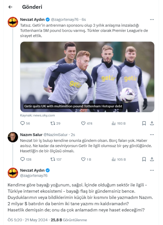 Yemeksepeti kurucusu Nevzat Aydın ile Getir'in kurucusu Nazım Salur sosyal medyada kavga etti