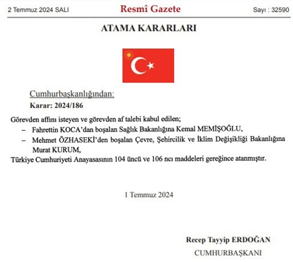 Kabinede iki bakan değişti; Koca ve Özhaseki görevi bıraktı