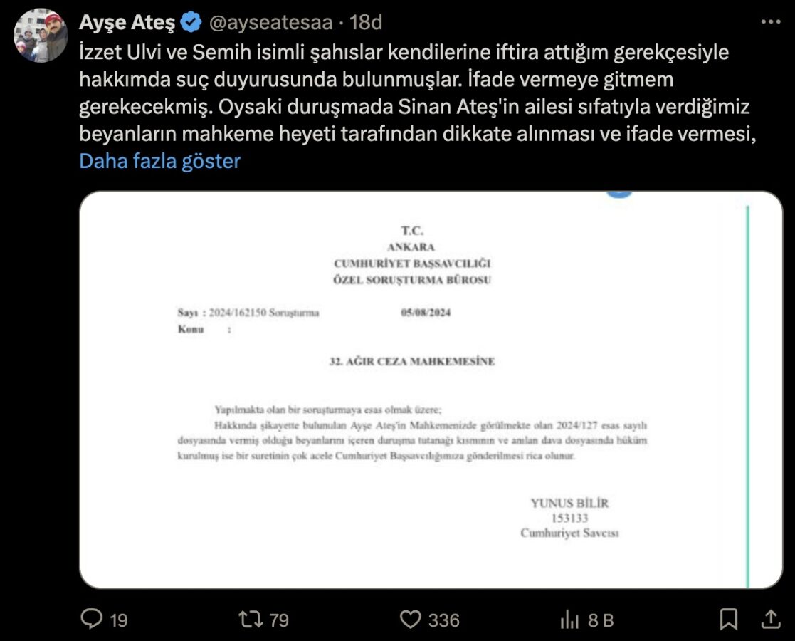 Semih Yalçın ve İzzet Ulvi Yönter’den Ayşe Ateş hakkında suç duyurusu 2 Semih Yalçın ve İzzet Ulvi Yönter’den Ayşe Ateş hakkında suç duyurusu