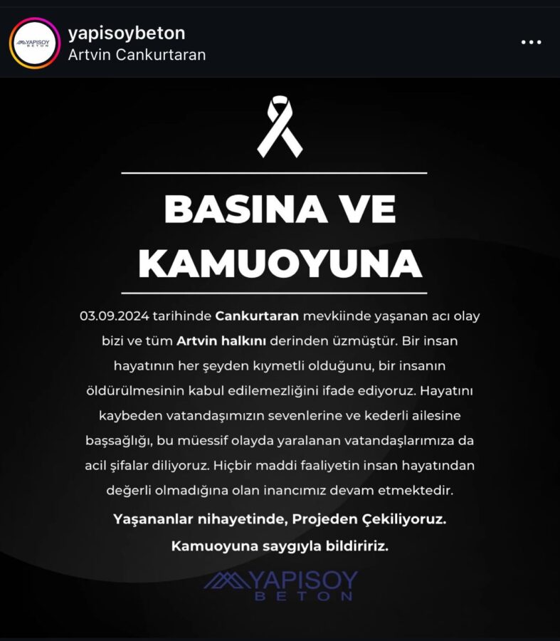 Artvin'de 1 kişinin öldüğü olayla ilgili şirket projeden çekildi