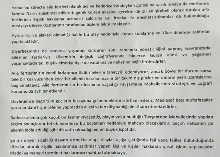 Bu açıklamayı kim yazdı? Narin’in ailesi ‘karalamaları’ dış güçlere bağladı
