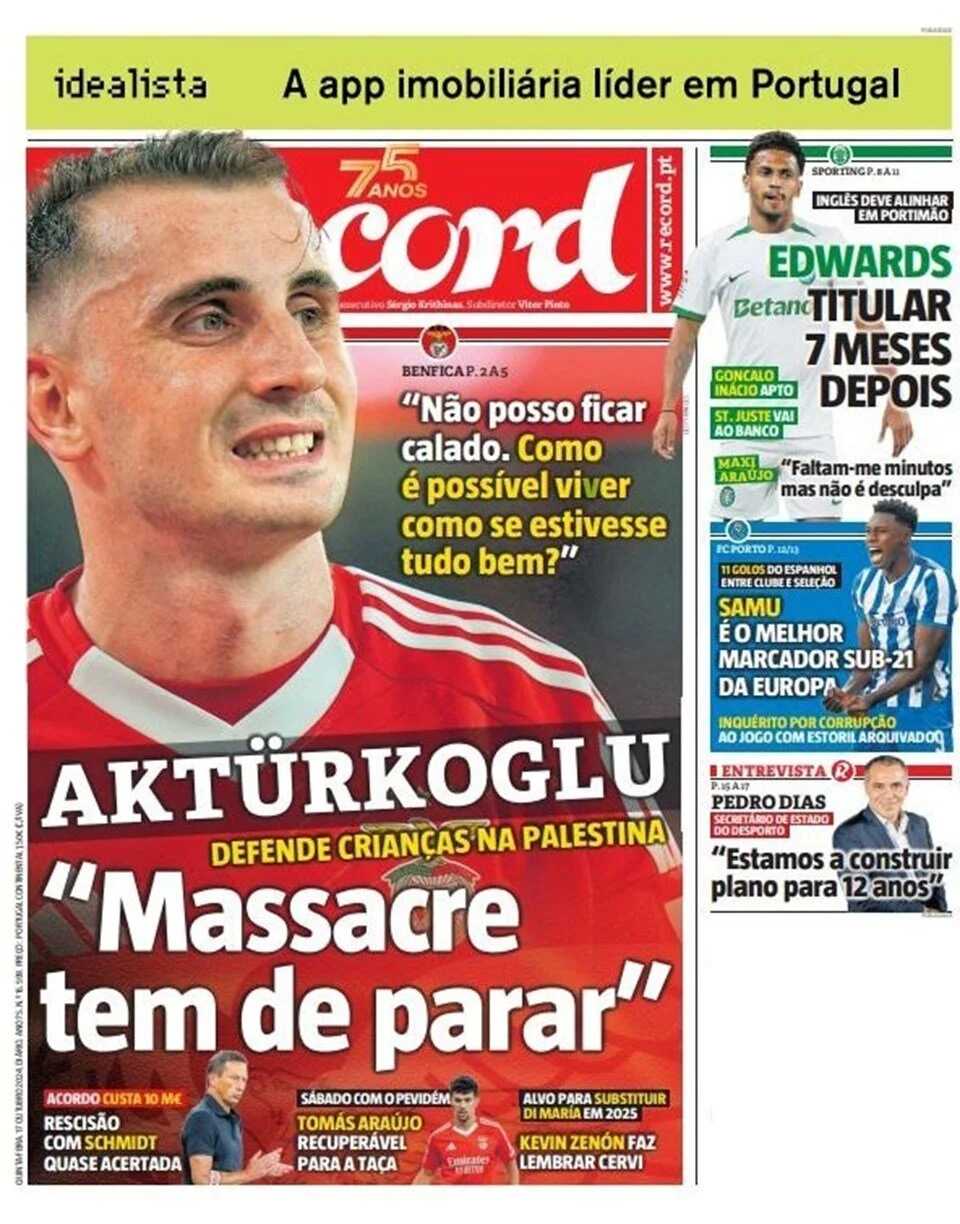 Kerem Aktürkoğlu, Filistin paylaşımı yaptı: Portekiz'de manşet oldu 2 Kerem Aktürkoğlu, Filistin paylaşımı yaptı: Portekiz'de manşet oldu