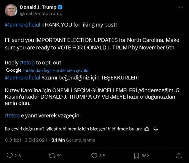 Trump adresi şaşırdı, Türk kullanıcıyı etiketleyip oy istedi! 3 Trump adresi şaşırdı, Türk kullanıcıyı etiketleyip oy istedi!