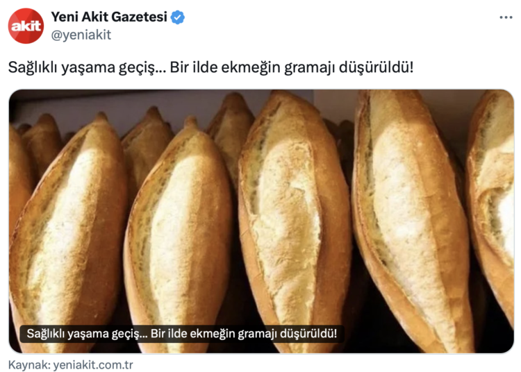 Yeni Akit, ekmeğin gramajının düşürülmesini böyle verdi: Sağlıklı yaşama geçiş... 1 Yeni Akit, ekmeğin gramajının düşürülmesini böyle verdi: Sağlıklı yaşama geçiş…