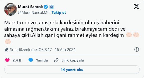 Kardeşinin ölüm haberini aldı, ‘takımı yalnız bırakamam’ diyerek maça devam etti 3 Kardeşinin ölüm haberini aldı, ‘takımı yalnız bırakamam’ diyerek maça devam etti