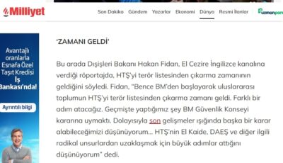 Fidan, ‘HTŞ’yi terör listesinden çıkarmanın zamanı geldi’ dedi, AA haberi sansürledi