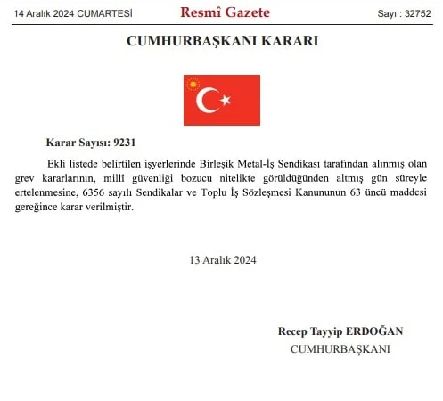 Birleşik Metal-İş’in grevi ‘milli güvenliği tehdit’ ediyormuş! 60 gün durduruldu