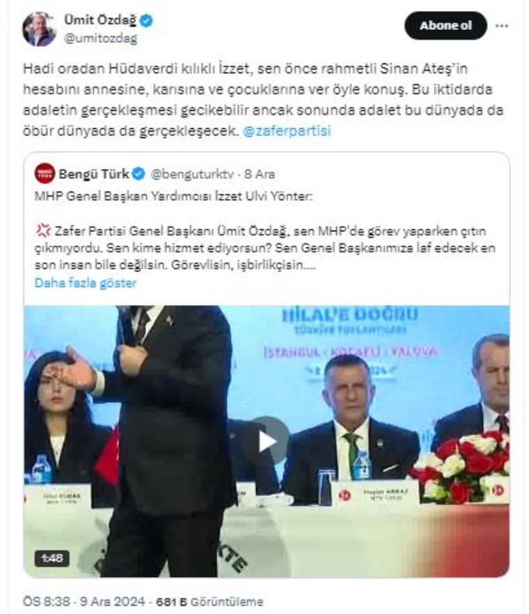 Ümit Özdağ, kendisine sataşan MHP'li İzzet Ulvi Yönter’e Sinan Ateş cinayetini hatırlattı 3 Ümit Özdağ, kendisine sataşan MHP'li İzzet Ulvi Yönter’e Sinan Ateş cinayetini hatırlattı