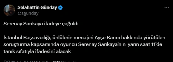 Serenay Sarıkaya ‘Menajerlik soruşturması’ kapsamında ifadeye çağrıldı
