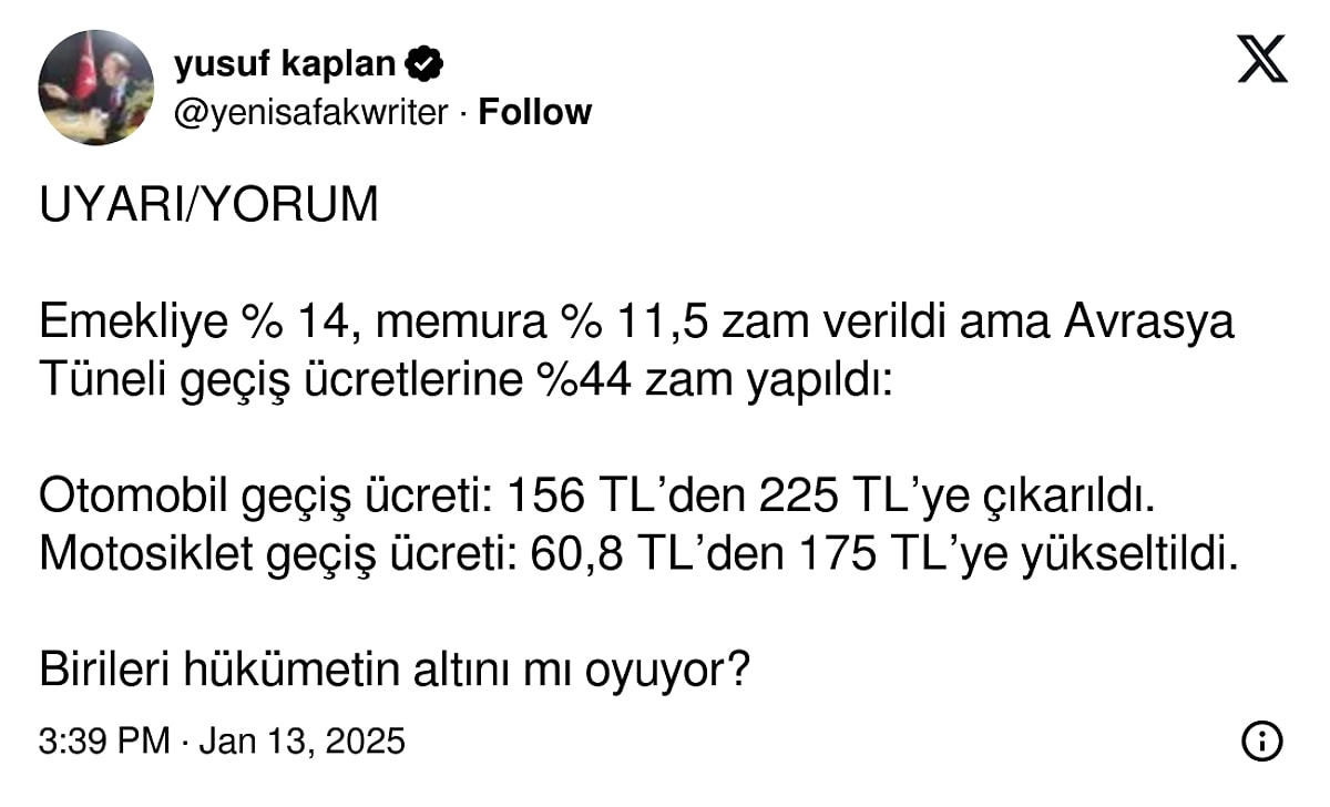 Yeni Şafak yazarı Yusuf Kaplan’dan köprü zamlarına tepki: "Birileri hükümetin altını mı oyuyor?"