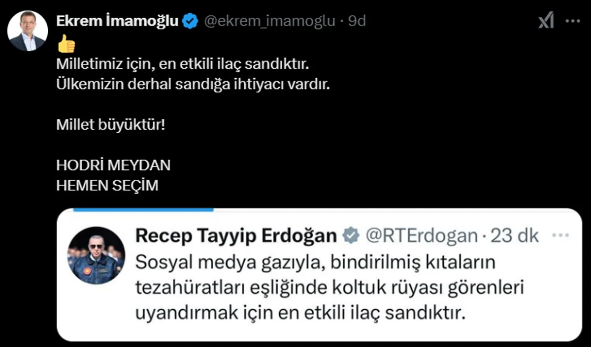 Cumhurbaşkanı’nın sandık paylaşımına İmamoğlu’ndan ‘hodri meydan’ 2 Cumhurbaşkanı’nın sandık paylaşımına İmamoğlu’ndan ‘hodri meydan’