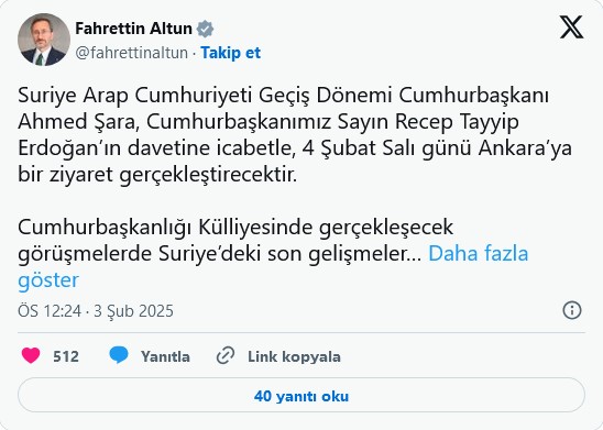 Ahmet Şara, Erdoğan’ın daveti üzerine yarın Türkiye’ye geliyor