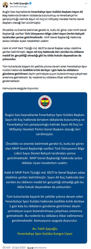 Ali Koç'un MHP genel başkanı olacağı iddiasına Fenerbahçe'den cevap 2 Ali Koç'un MHP genel başkanı olacağı iddiasına Fenerbahçe'den cevap