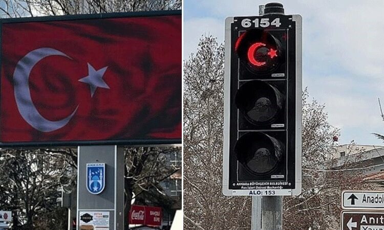 Öcalan’ın çağrısı okunurken Ankara’daki trafik ışıklarında Türk bayrağı yandı