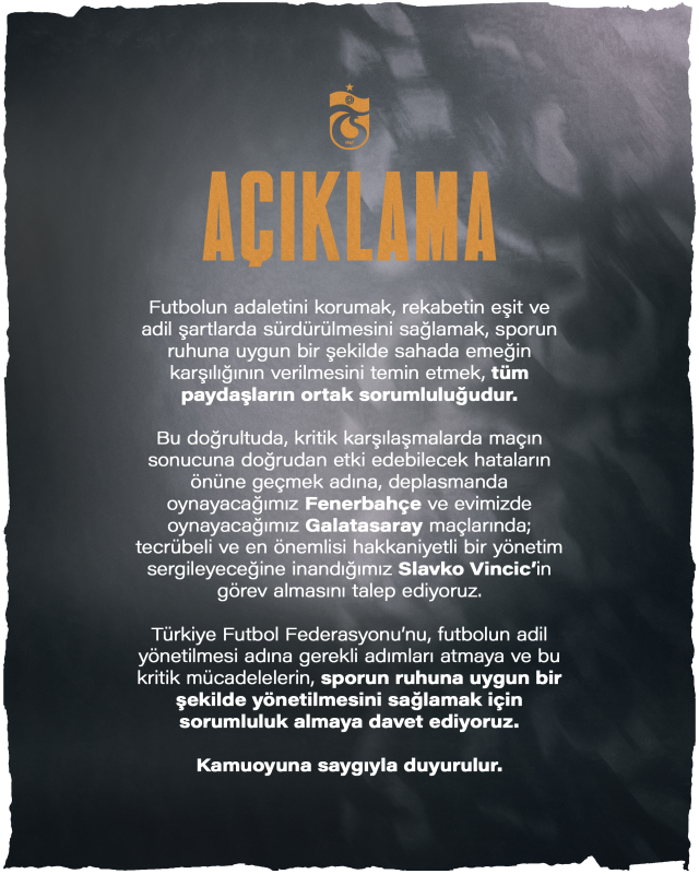 Trabzonspor, maçlarını Vincic'in yönetmesi için TFF'den talepte bulundu