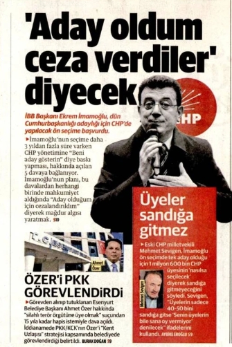Yeni Şafak’tan ilginç manşet: “Aday oldum ceza verdiler diyecek”