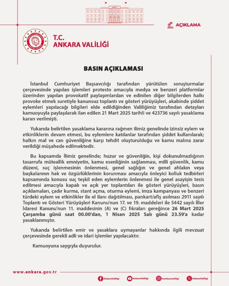 Ankara'da eylem yasağı 1 Nisan'a kadar uzatıldı 2 Ankara'da eylem yasağı 1 Nisan'a kadar uzatıldı