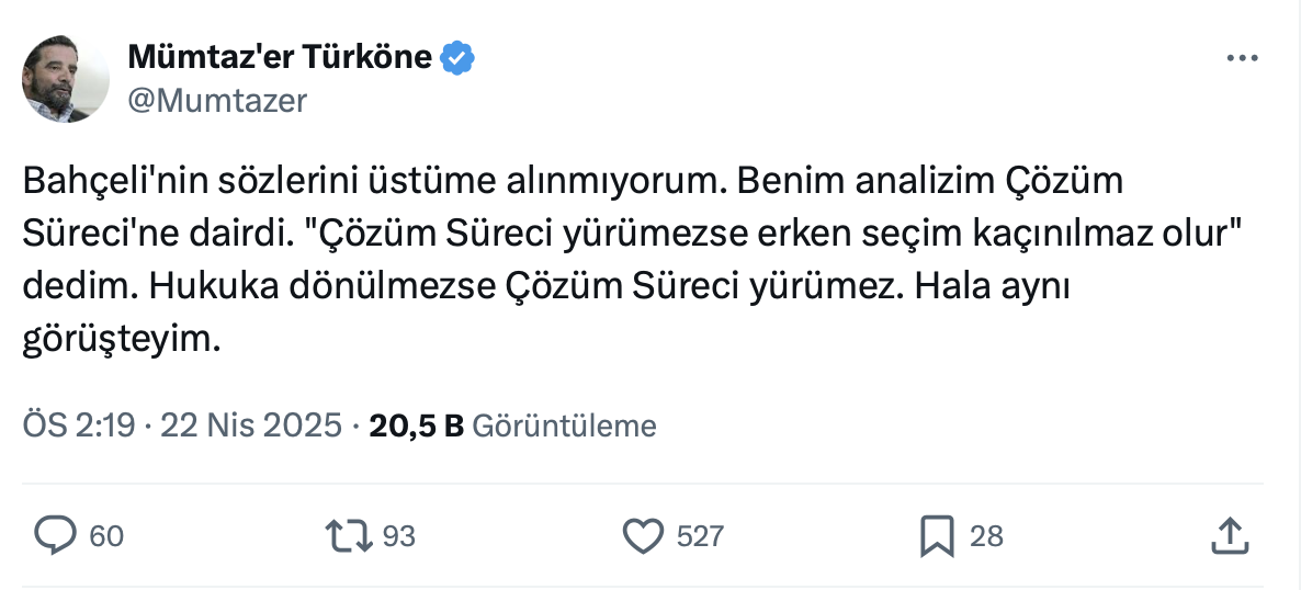 Bahçeli'nin açıklaması sonrası Mümtaz'er Türköne'den yanıt: "Hala aynı görüşteyim"