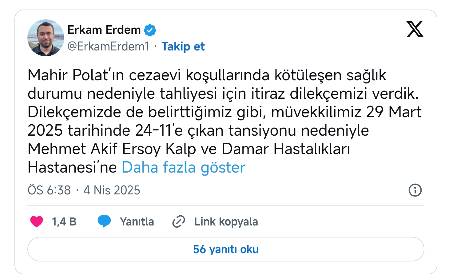 Avukatı duyurdu: "Sağlık riski nedeniyle Mahir Polat için tahliye talebinde bulunduk"