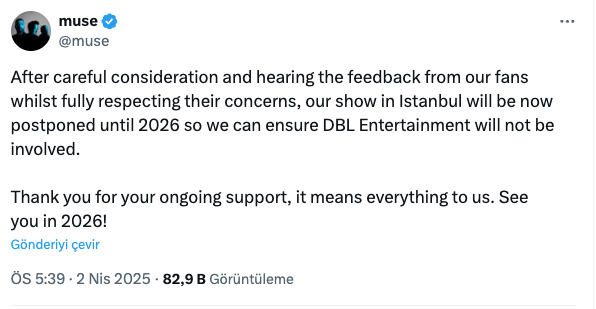 Boykot sonuç verdi, Muse konseri iptal: '2026'da görüşmek üzere' 2 Boykot sonuç verdi, Muse konseri iptal: '2026'da görüşmek üzere'