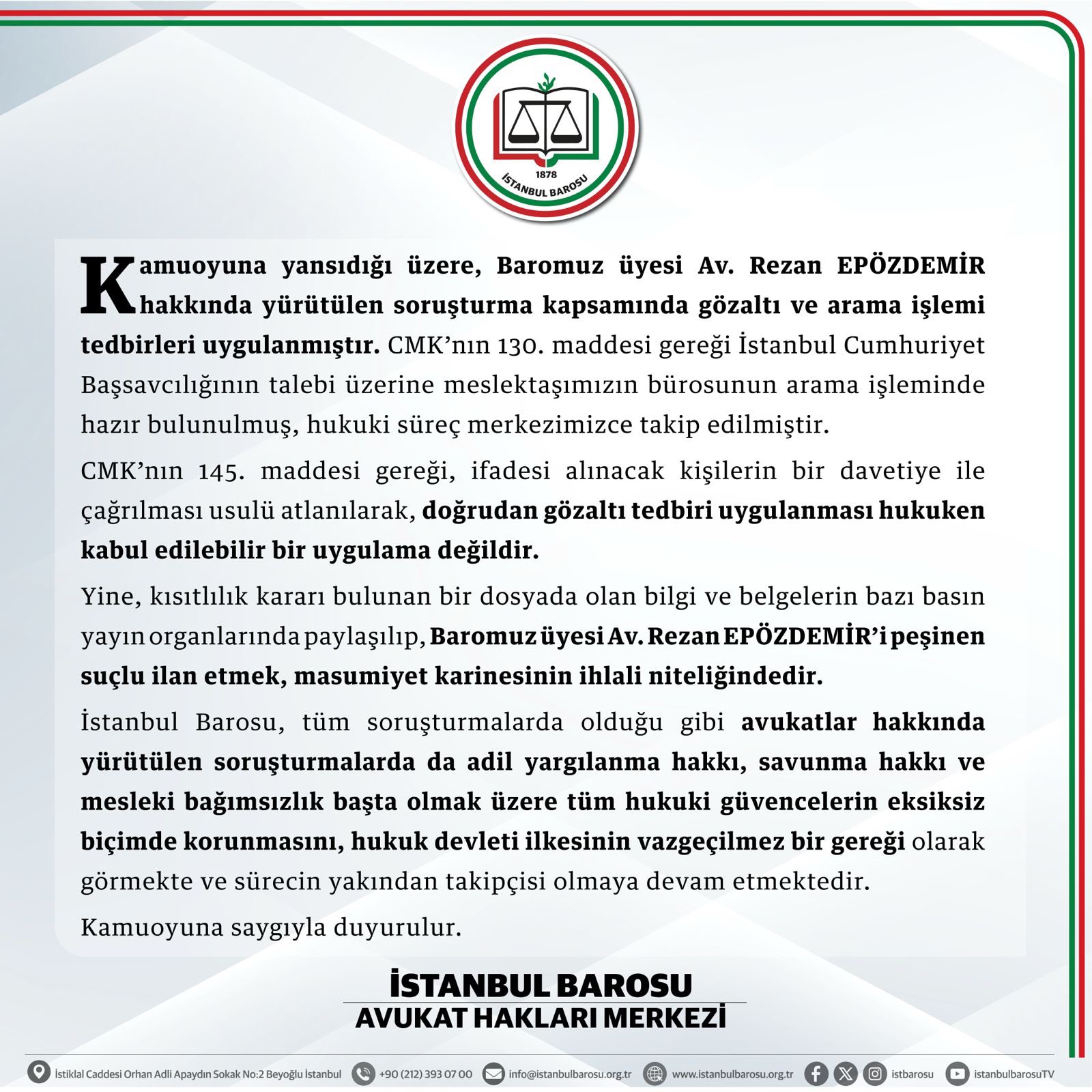 İstanbul Barosu'ndan Rezan Epözdemir açıklaması 2 İstanbul Barosu'ndan Rezan Epözdemir açıklaması
