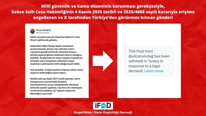 Gazeteci Alican Uludağ'ın 'Gebze'de çöken bina' paylaşımı erişime engellendi 1 Gazeteci Alican Uludağ’ın ‘Gebze’de çöken bina’ paylaşımı erişime engellendi