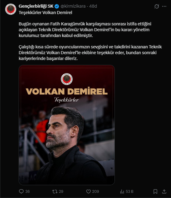 Gençlerbirliği'nde Volkan Demirel dönemi sona erdi